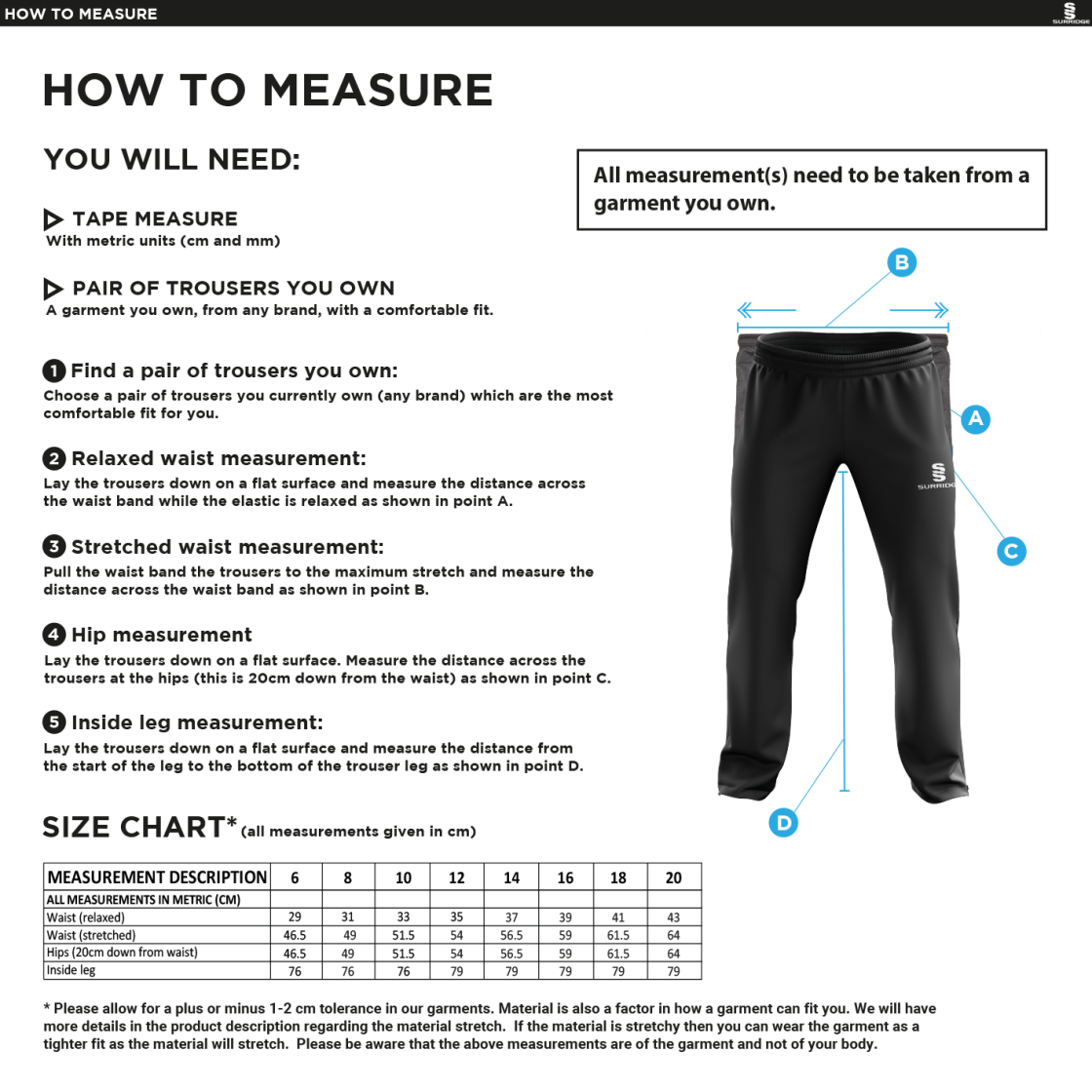 Burnt Ash Hockey Club - Ripstop Track Pant - Women's Fit - Size Guide