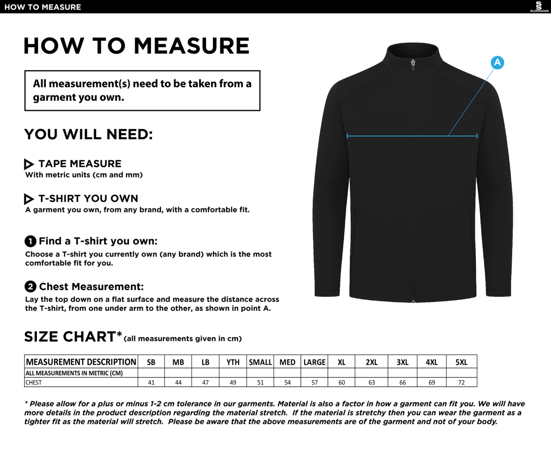 Burnt Ash Hockey Club - Active Presentation Jacket - Unisex Fit - Size Guide