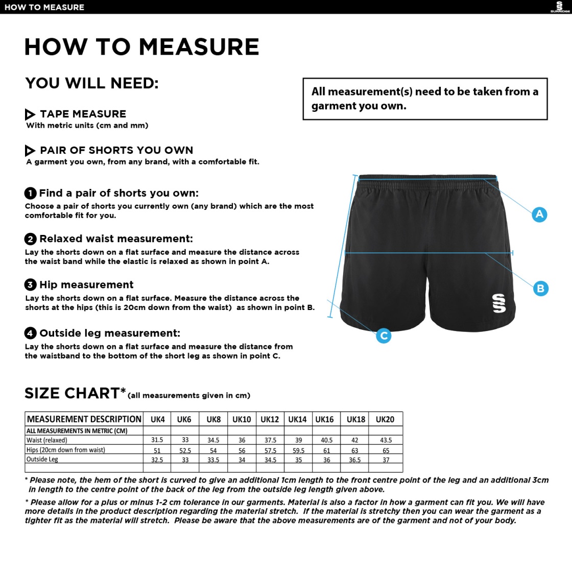 Burnt Ash Hockey Club - Gym Short - Girl's Fit - Size Guide