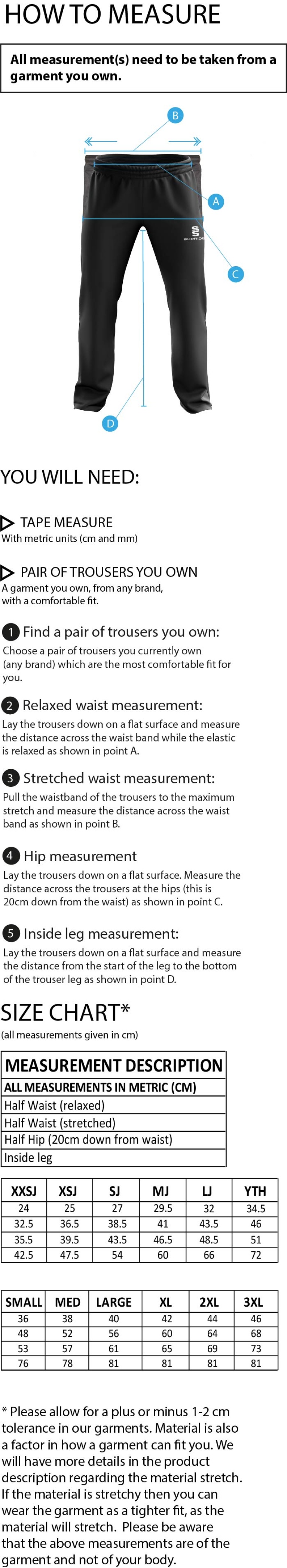 Burnt Ash Hockey Club - Dual Poplin Track Pants with Lycra - Men's Fit - Size Guide