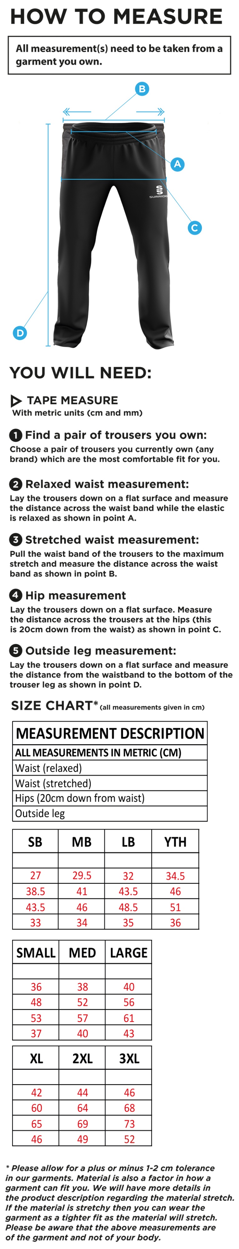 Burnt Ash Hockey Club - Ripstop Track Pant - Youth's Fit - Size Guide
