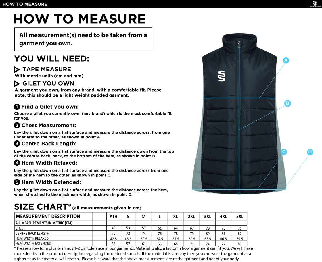 Burnt Ash Hockey Club - Active Gilet - Unisex Fit - Size Guide