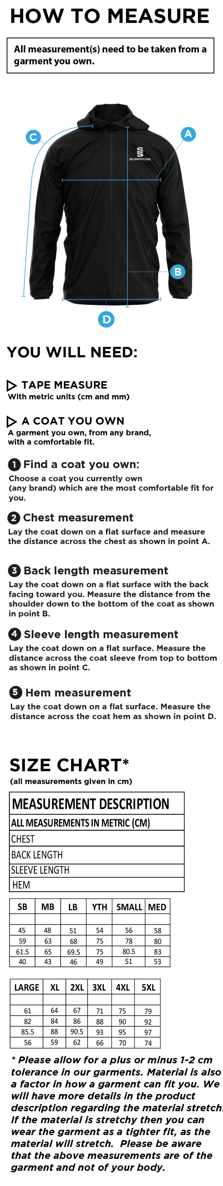 Burnt Ash Hockey Club - Full Zip Training Jacket - Unisex Fit - Size Guide