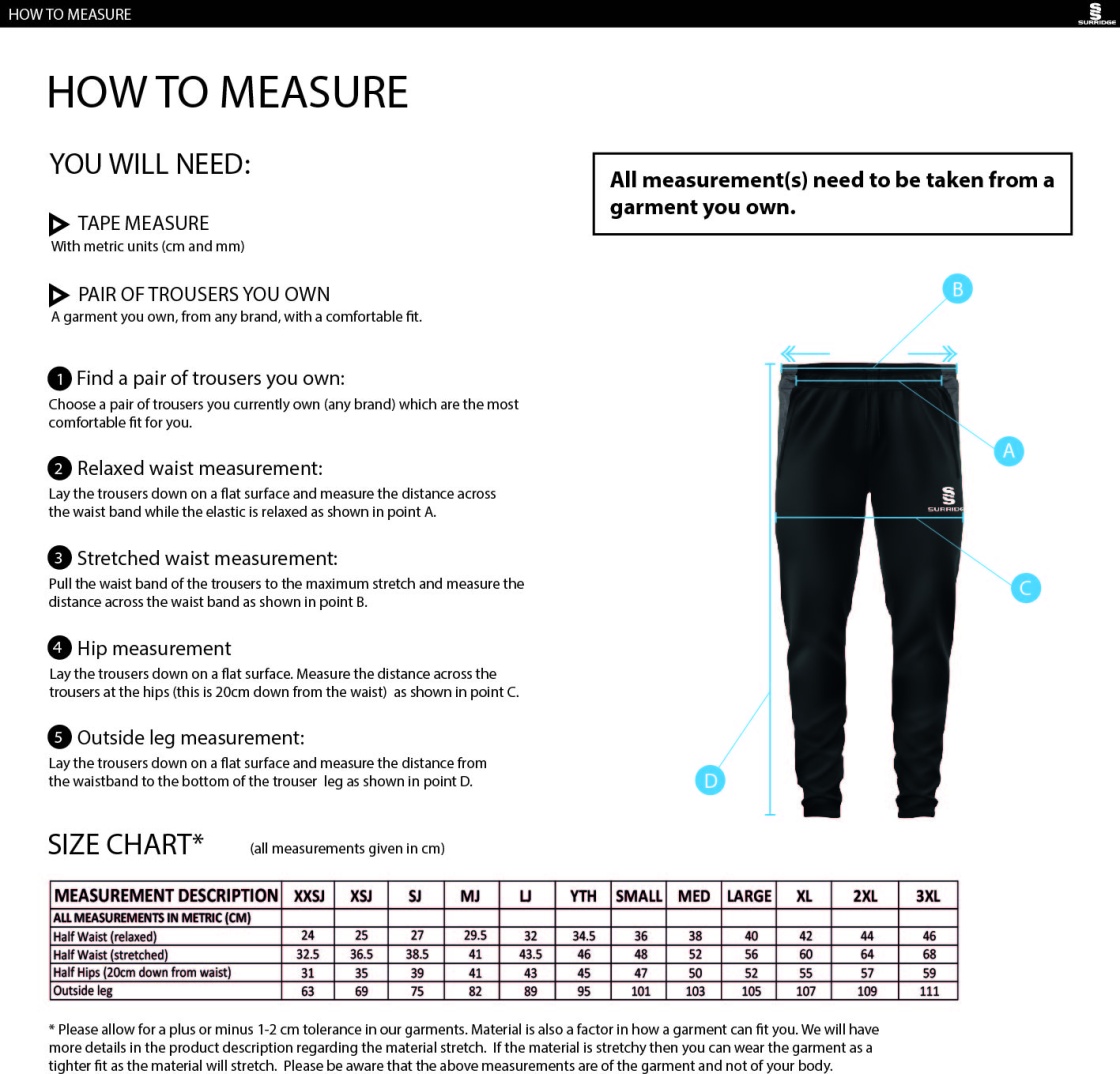 Burnt Ash Hockey Club - Dual Tek Pant - Unisex Fit - Size Guide