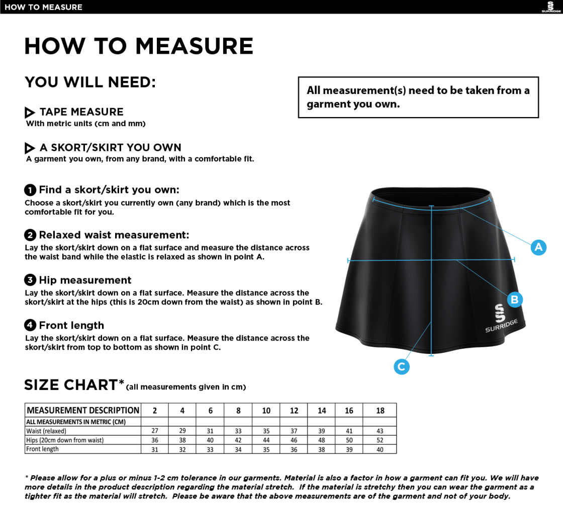 Burnt Ash Hockey Club - Dual Skort - Size Guide