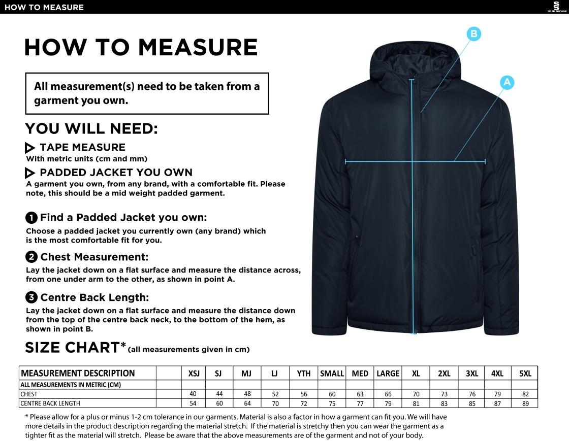 Burnt Ash Hockey Club - Active Padded Jacket - Navy - Unisex Fit - Size Guide