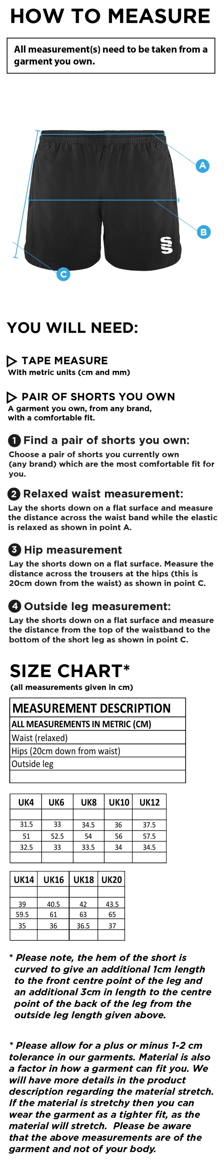 Burnt Ash Hockey Club - Gym Short - Women's Fit - Size Guide