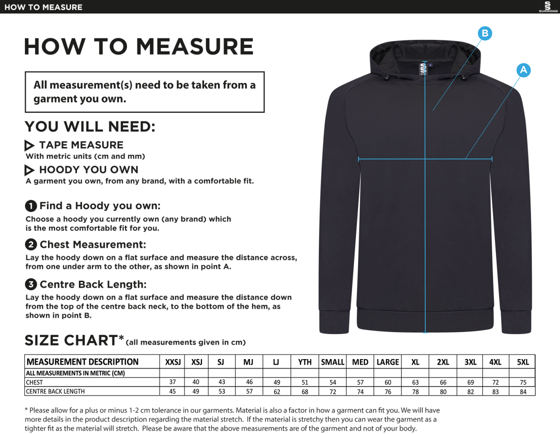 Burnt Ash Hockey Club - Active Hoody - Unisex Fit - Size Guide
