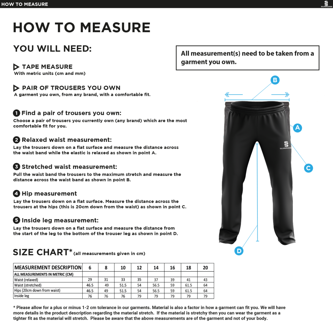 Burnt Ash Hockey Club - Dual Poplin Track Pants with Lycra - Women's Fit - Size Guide