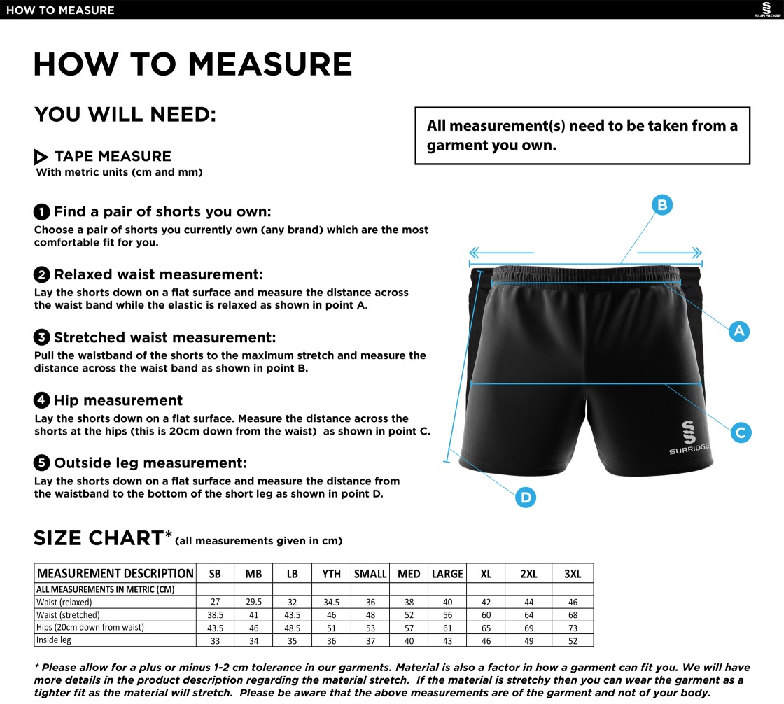 Burnt Ash Hockey Club - Dual Shorts - Unisex Fit - Size Guide