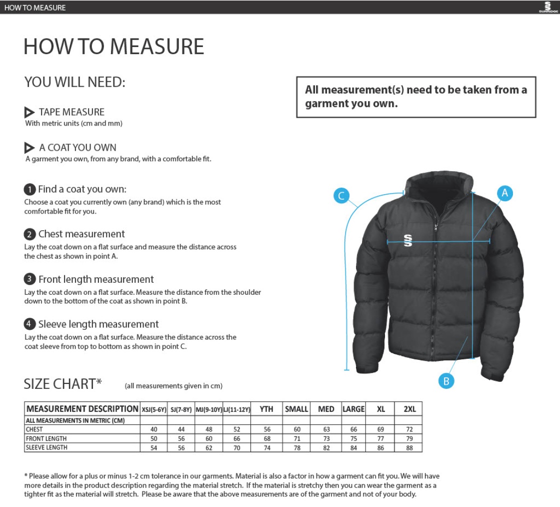 Burnt Ash Hockey Club - Holkham Down Feel Jacket - Men's Fit - Size Guide