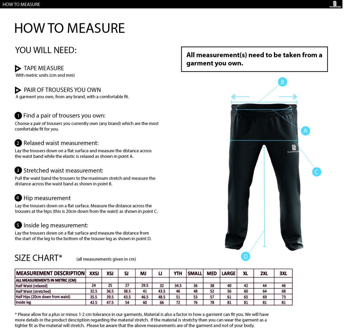 Burnt Ash Hockey Club - Dual Poplin Track Pants with Lycra - Men's Fit - Size Guide