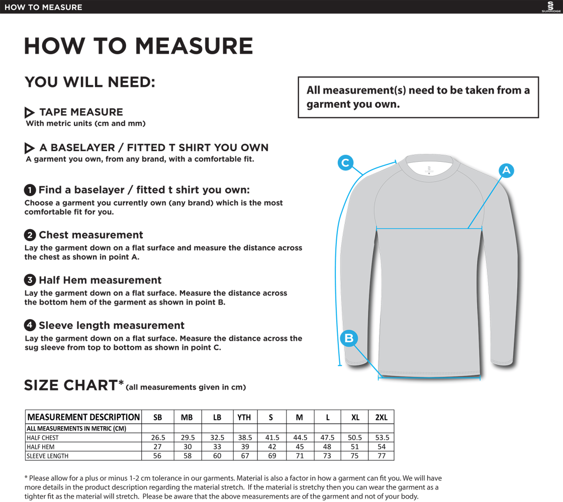 Burnt Ash Hockey Club - Dual Long Sleeve Baselayer - Unisex Fit - Size Guide