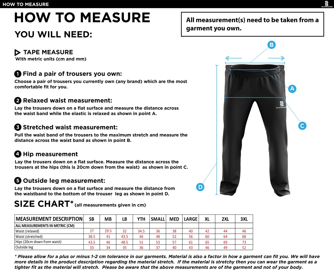 Burnt Ash Hockey Club - Ripstop Track Pant - Youth's Fit - Size Guide
