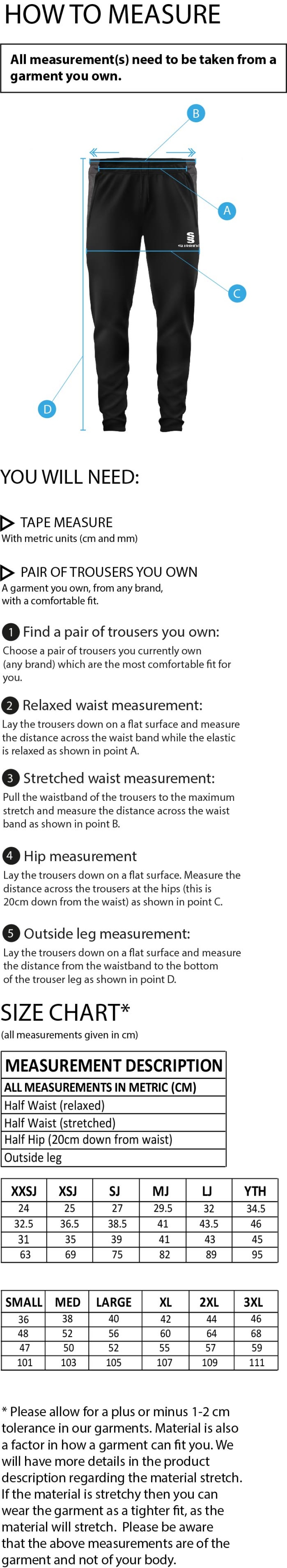 Burnt Ash Hockey Club - Dual Tek Pant - Unisex Fit - Size Guide