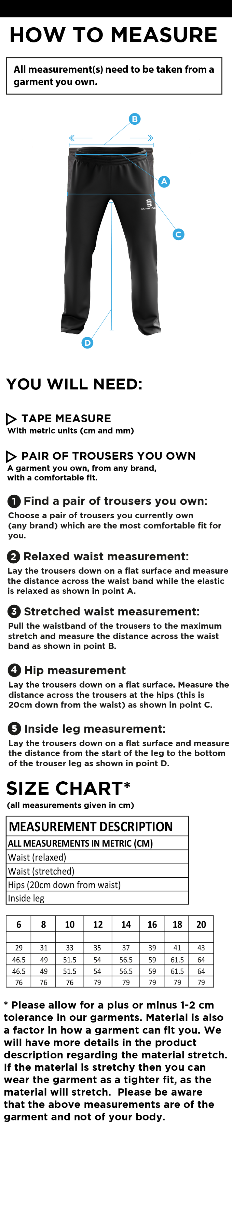 Burnt Ash Hockey Club - Dual Poplin Track Pants with Lycra - Women's Fit - Size Guide