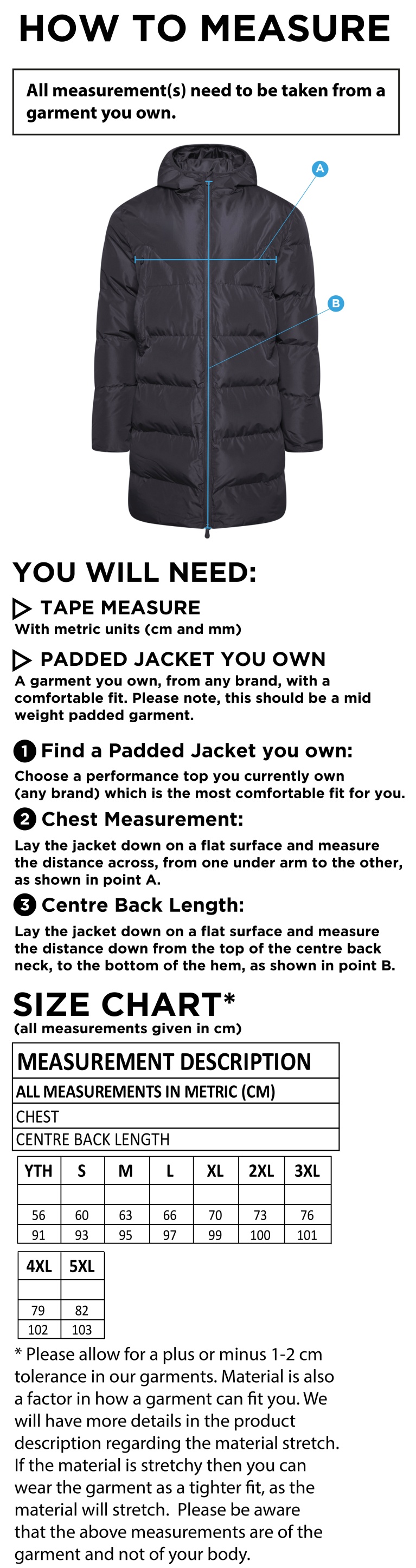 Burnt Ash Hockey Club - Active Long Padded Jacket - Unisex Fit - Size Guide