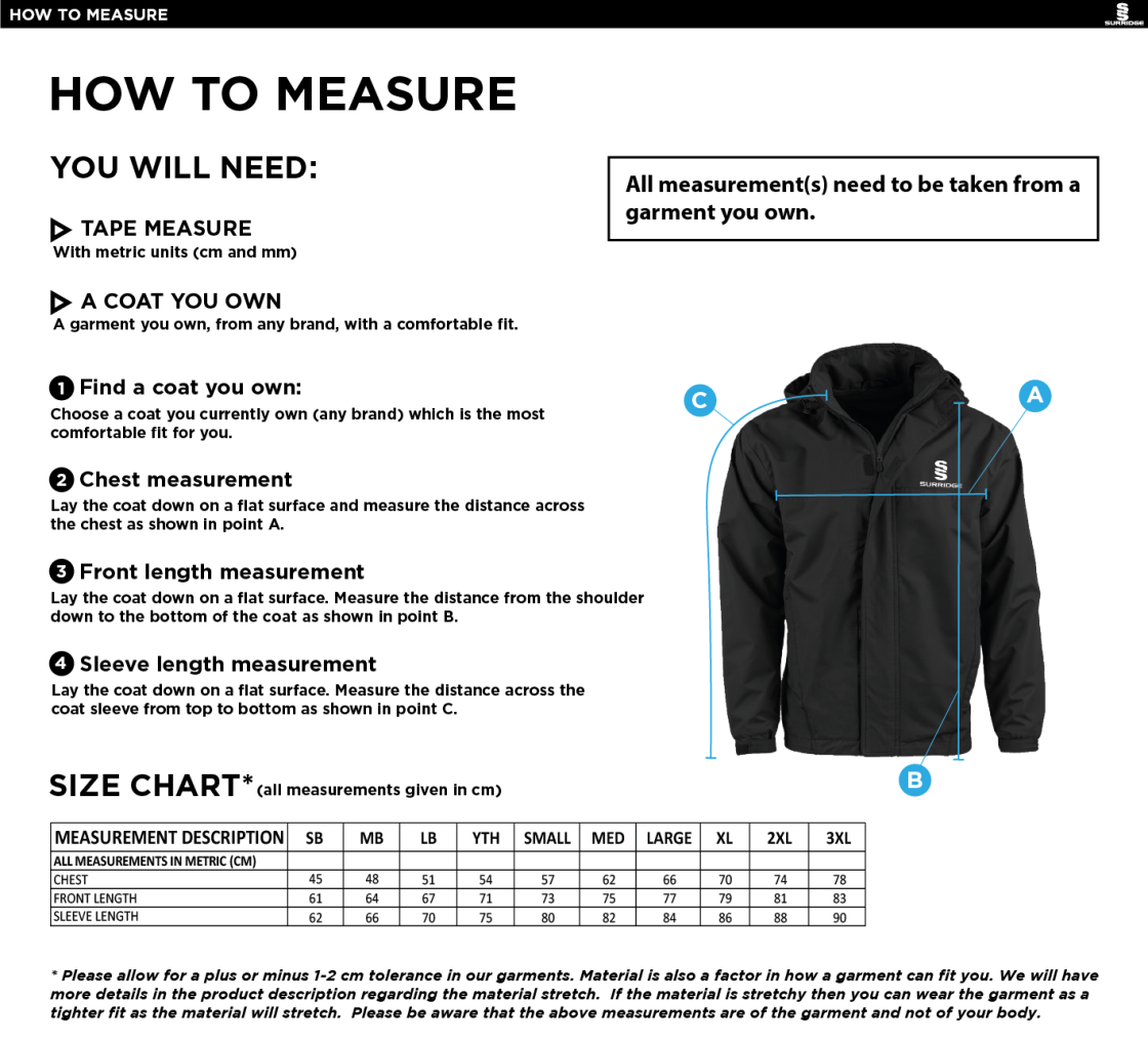 Burnt Ash Hockey Club - Fleece Lined Jacket - Unisex Fit - Size Guide