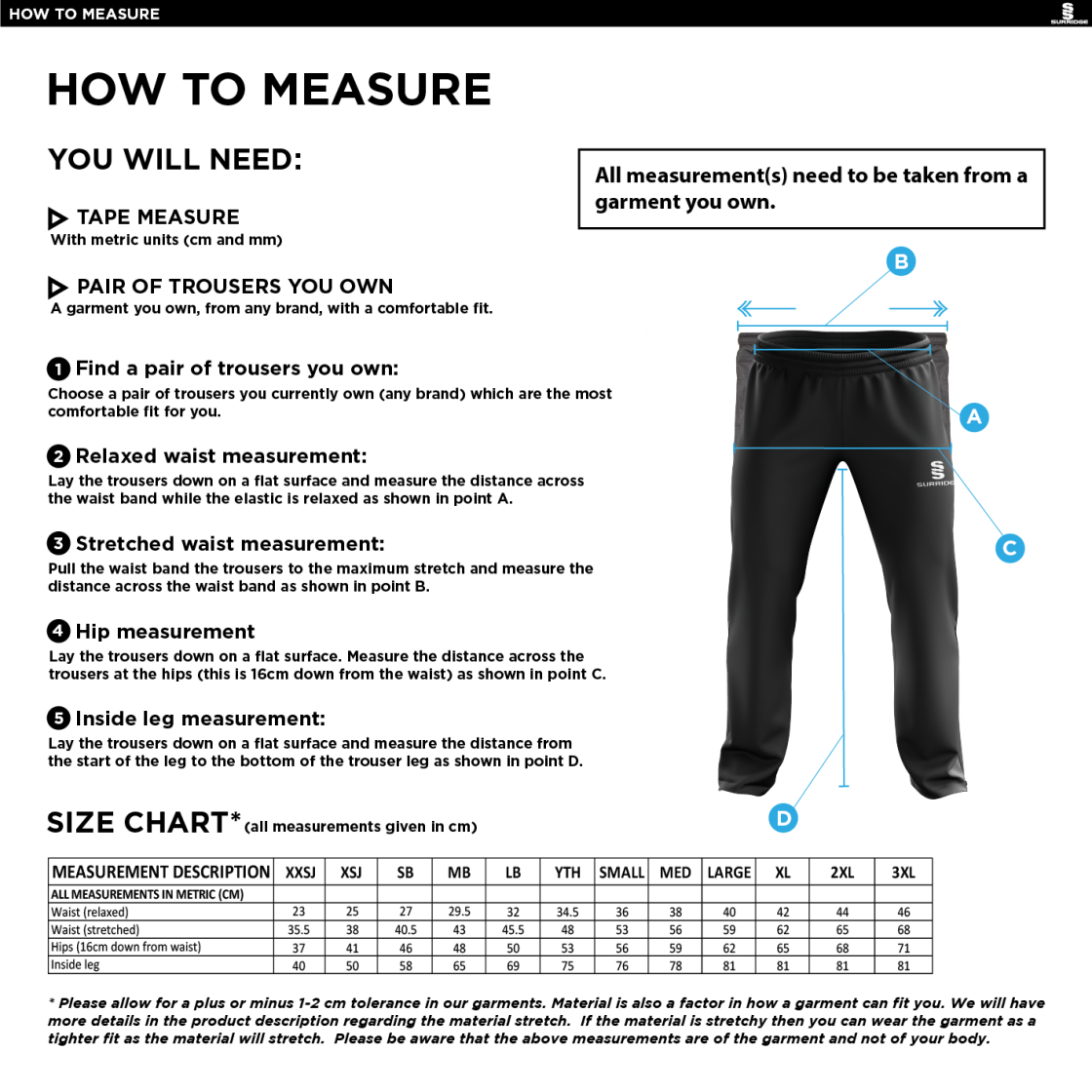 Burnt Ash Hockey Club - Poplin Track Pant - Men's Fit - Size Guide