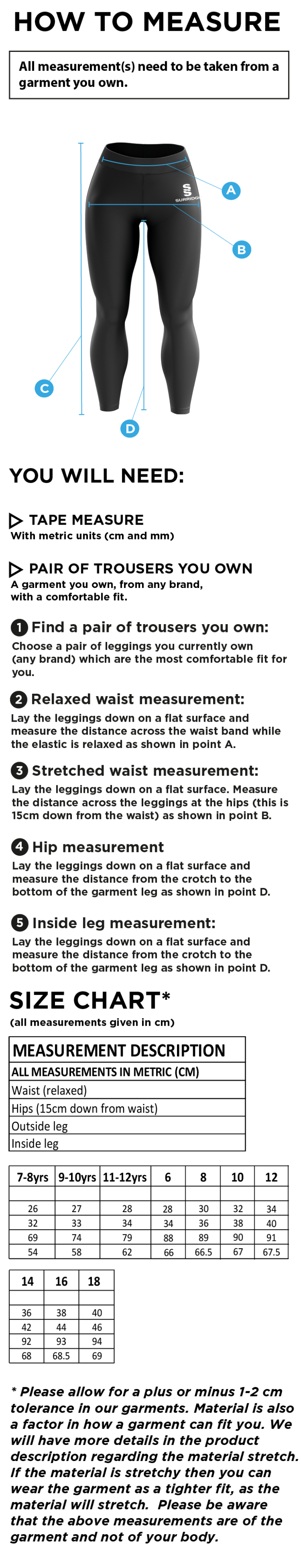Burnt Ash Hockey Club - Performance Full Length Leggings - Size Guide