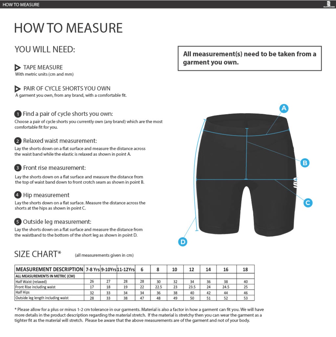 Burnt Ash Hockey Club - Dual Cycling Shorts - Girl's Fit - Size Guide