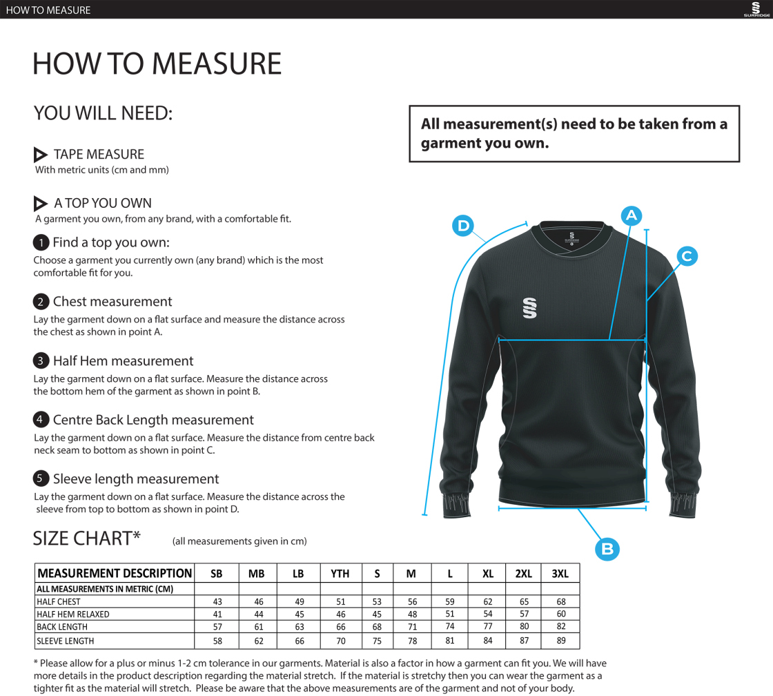 Burnt Ash Hockey Club - Run Out Top - Youth's Fit - Size Guide