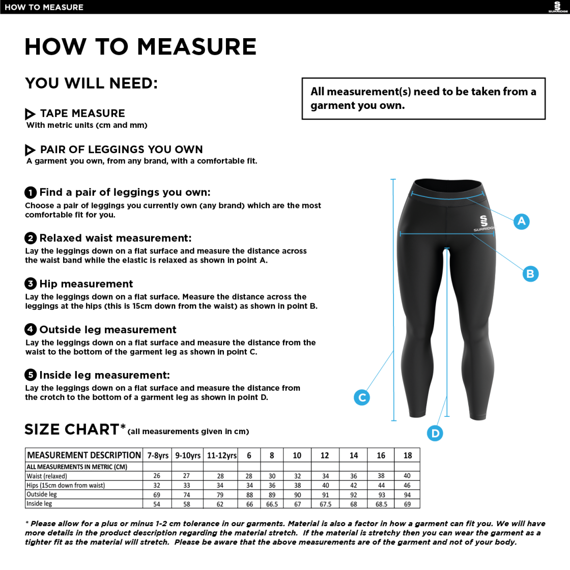 Burnt Ash Hockey Club - Performance Full Length Leggings - Girl's Fit - Size Guide