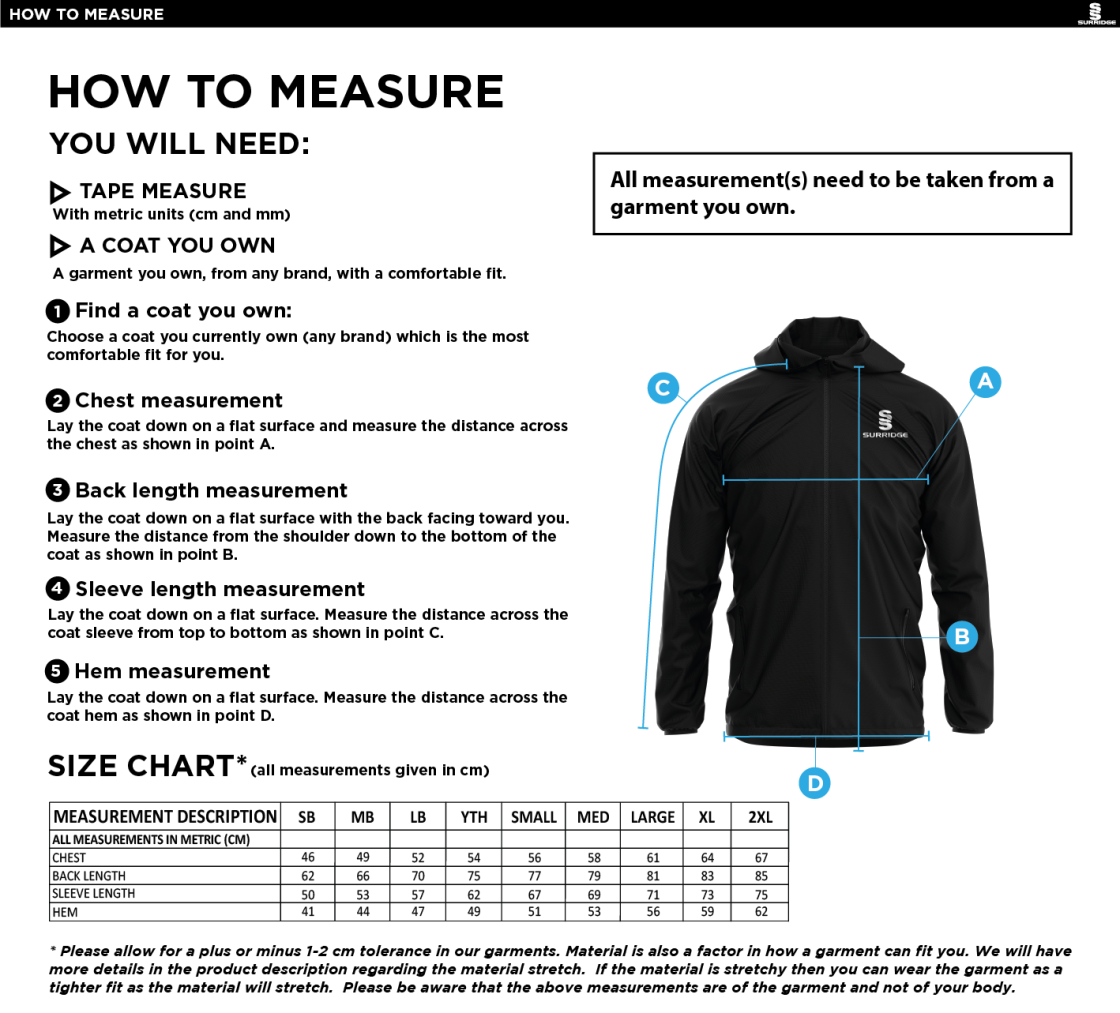 Burnt Ash Hockey Club - Full Zip Training Jacket - Unisex Fit - Size Guide