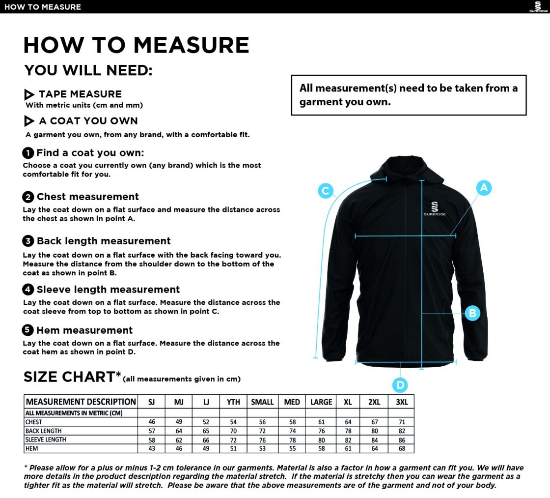Burnt Ash Hockey Club - Dual Elite 1/4 Zip Hoody / Rain Jacket - Unisex Fit - Size Guide