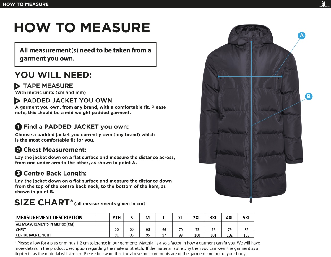 Burnt Ash Hockey Club - Active Long Padded Jacket - Unisex Fit - Size Guide