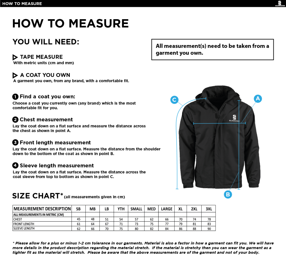 Burnt Ash Hockey Club - Fleece Lined Jacket - Size Guide