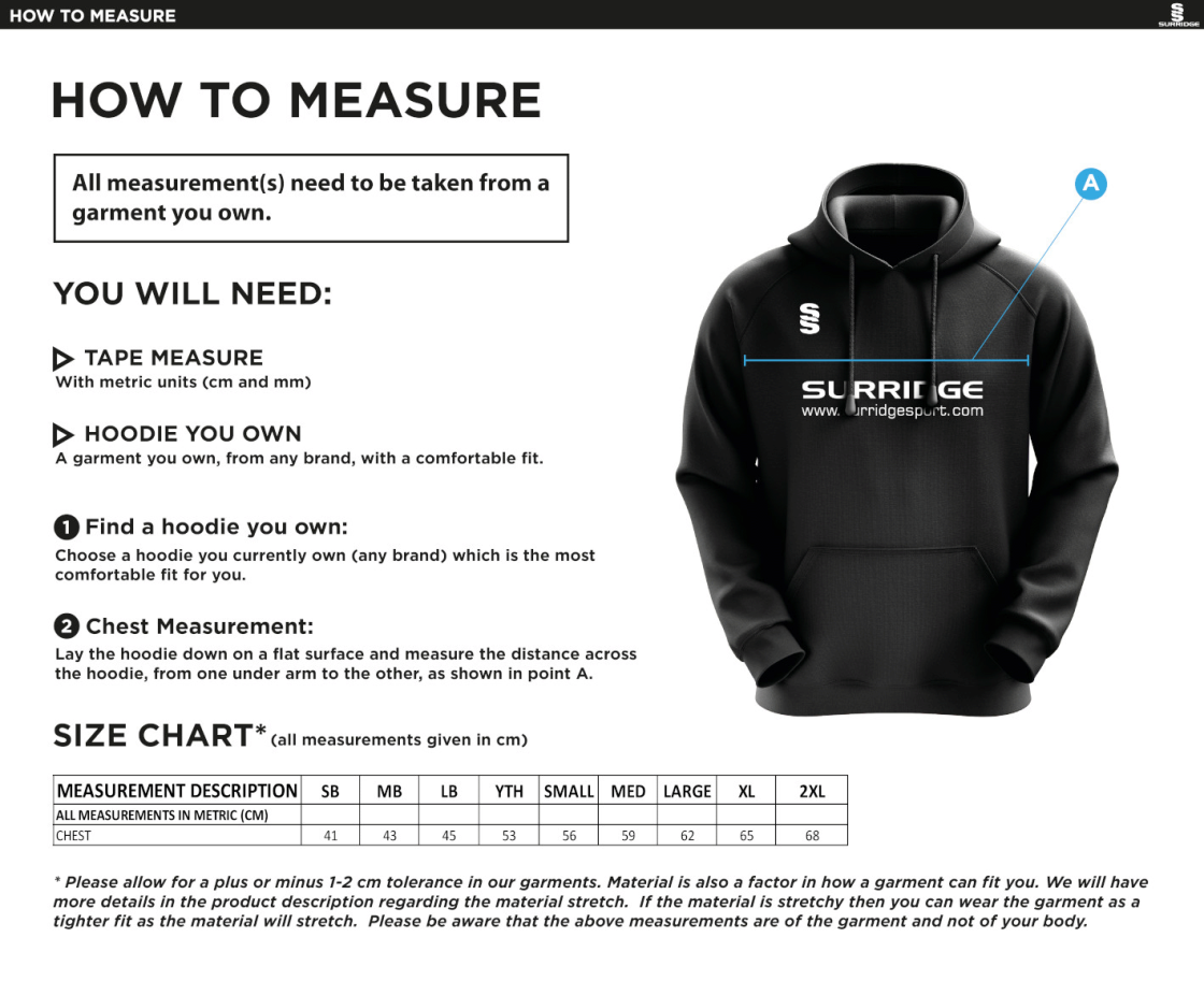 Burnt Ash Hockey Club - Blade Hoody - Unisex Fit - Size Guide