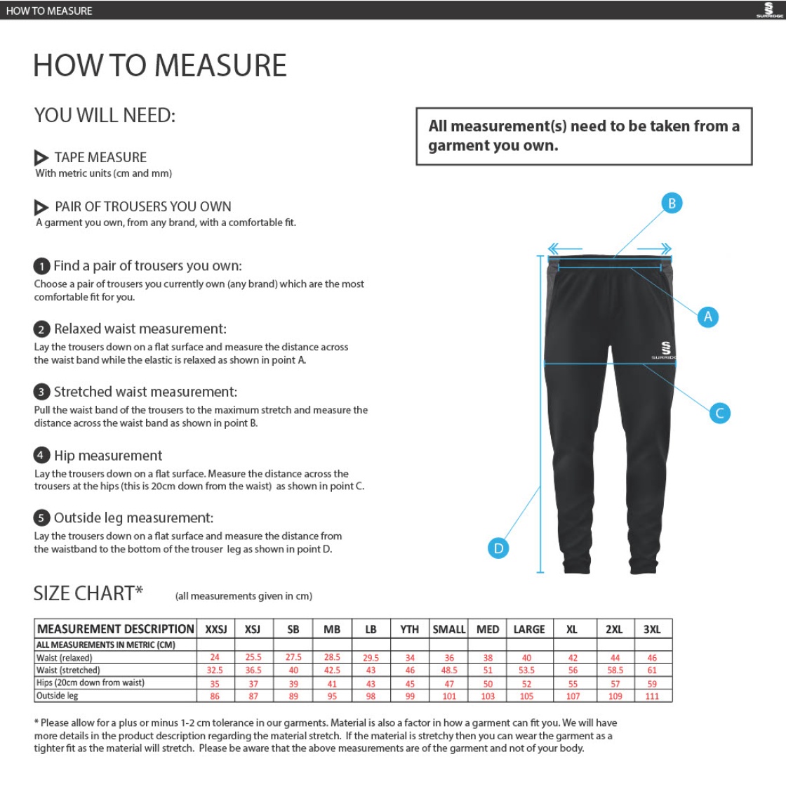 Burnt Ash Hockey Club - Dual Tek Pant - Unisex Fit - Size Guide