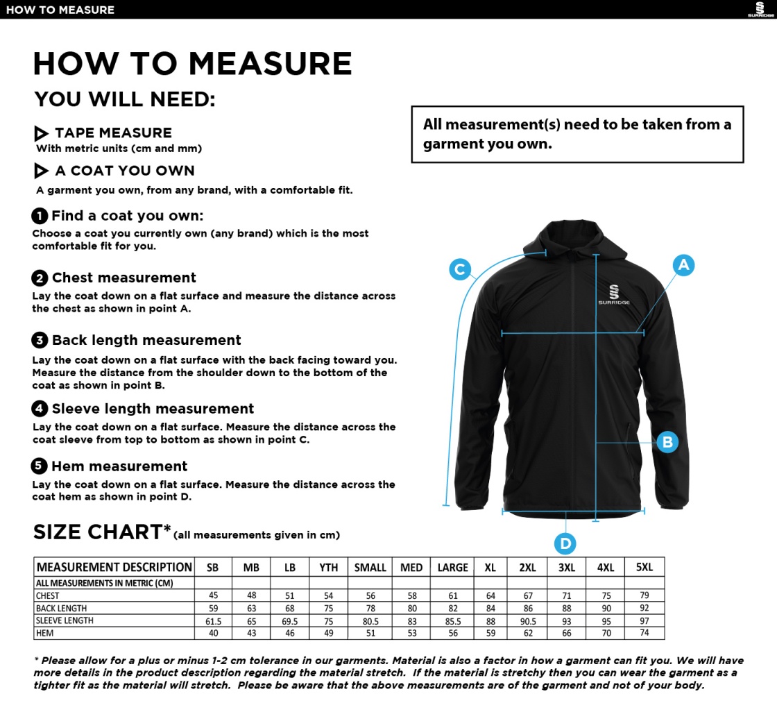 Burnt Ash Hockey Club - Full Zip Training Jacket - Unisex Fit - Size Guide