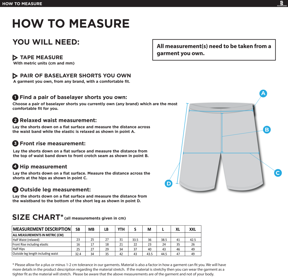 Burnt Ash Hockey Club - Dual Baselayer Short - Unisex Fit - Size Guide